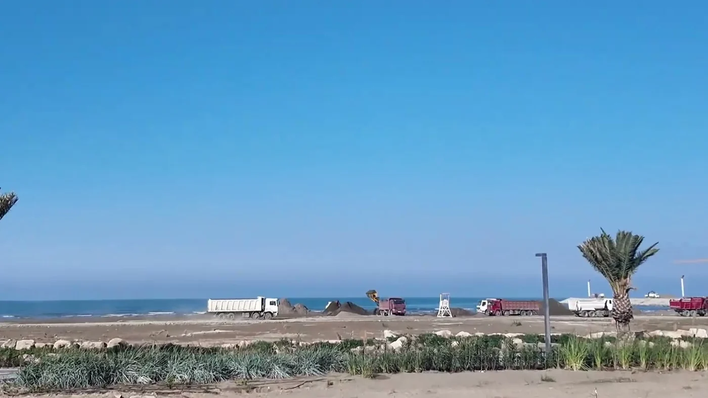 A panorama of the site from the shore: cranes behind young palm trees